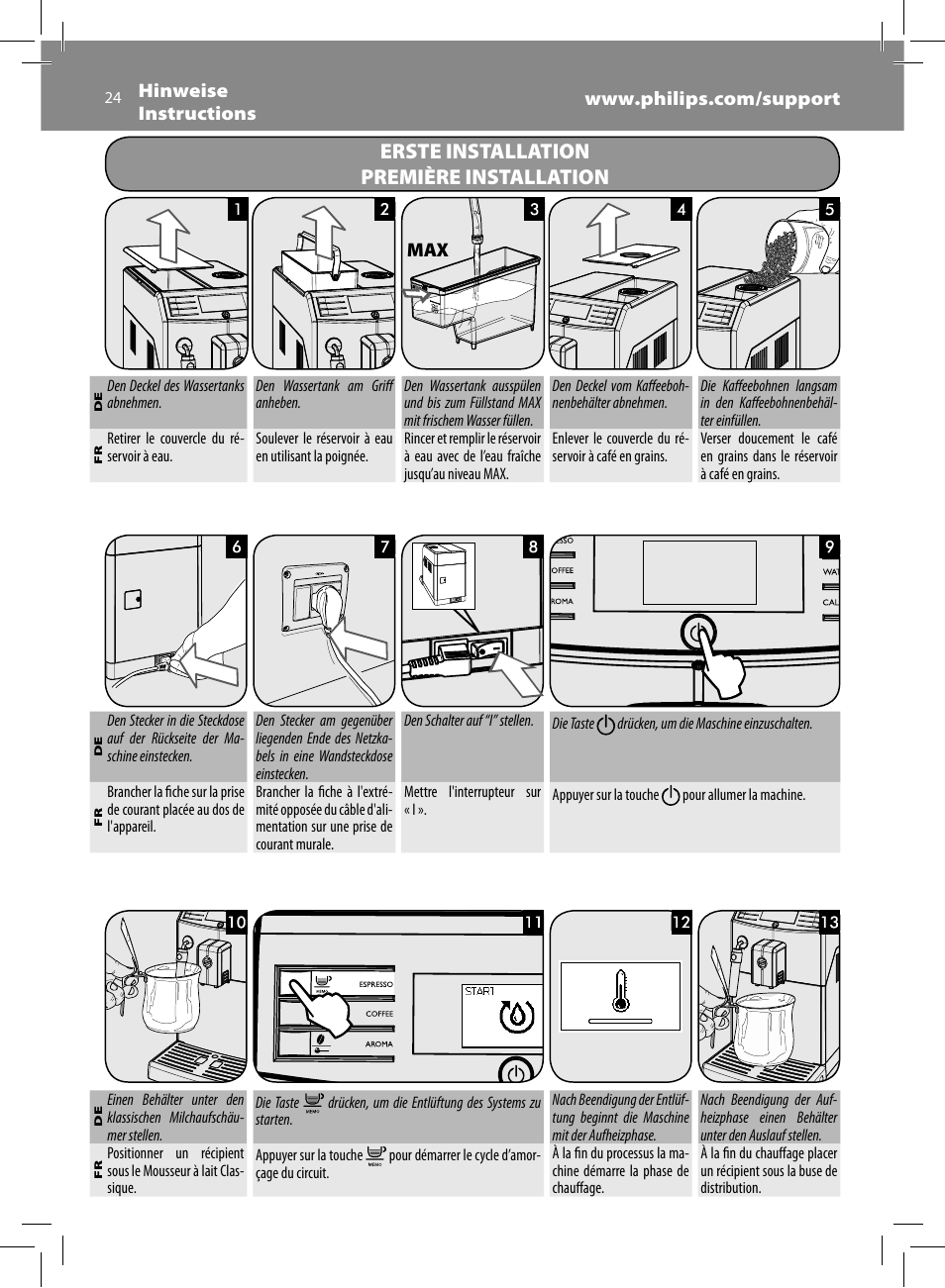 Erste installation première installation | Philips Saeco Minuto Cafetera expreso súper automática User Manual | Page 24 / 96