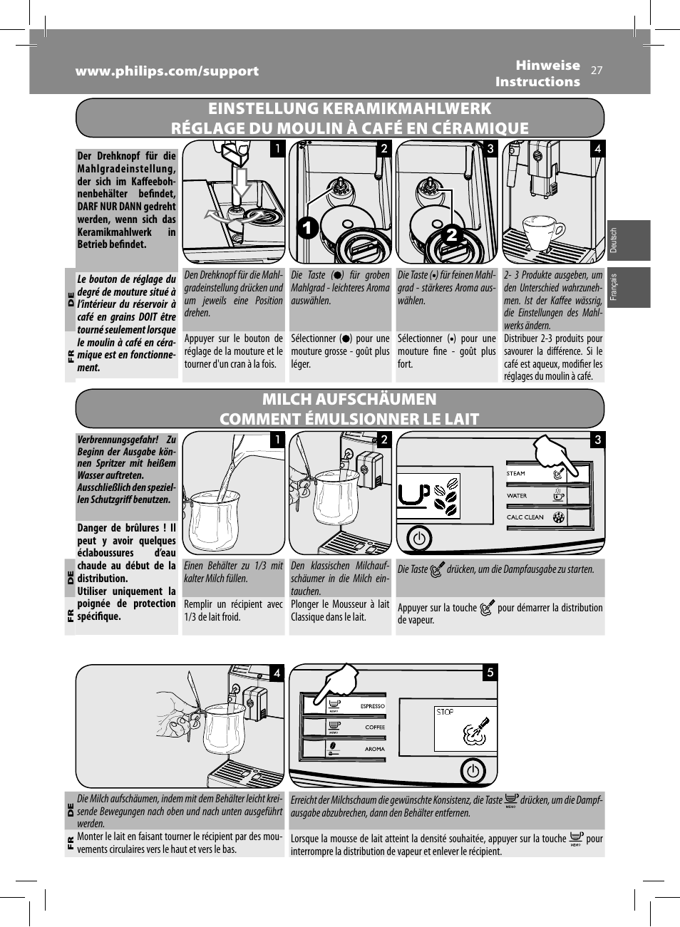 Milch aufschäumen comment émulsionner le lait | Philips Saeco Minuto Cafetera expreso súper automática User Manual | Page 27 / 96