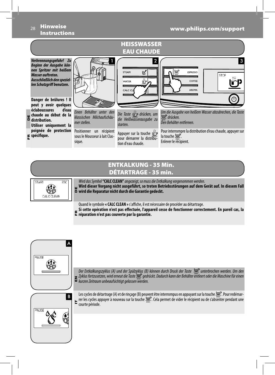 Heisswasser eau chaude, Entkalkung - 35 min. détartrage - 35 min | Philips Saeco Minuto Cafetera expreso súper automática User Manual | Page 28 / 96