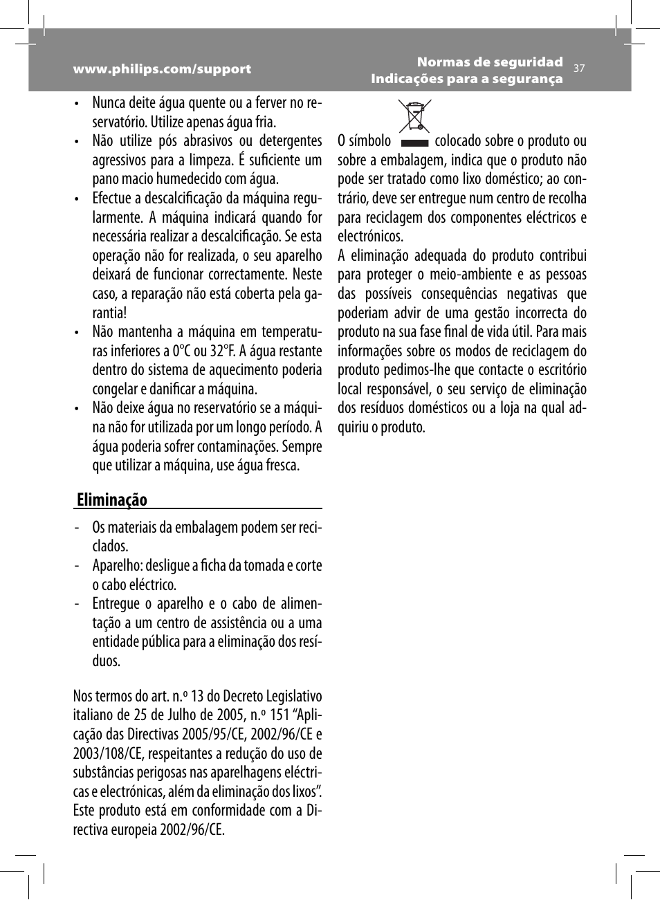 Eliminação | Philips Saeco Minuto Cafetera expreso súper automática User Manual | Page 37 / 96