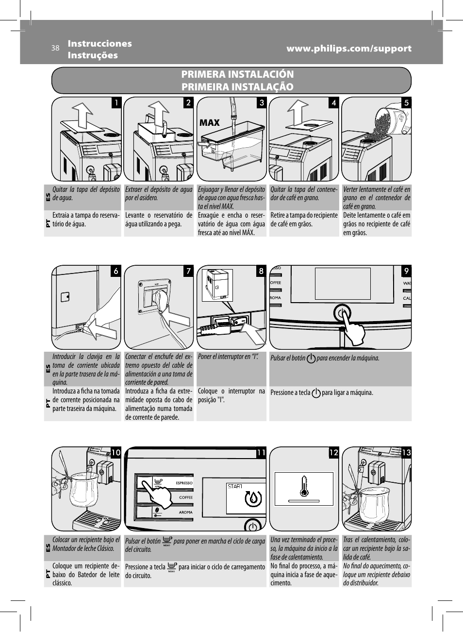 Primera instalación primeira instalação | Philips Saeco Minuto Cafetera expreso súper automática User Manual | Page 38 / 96
