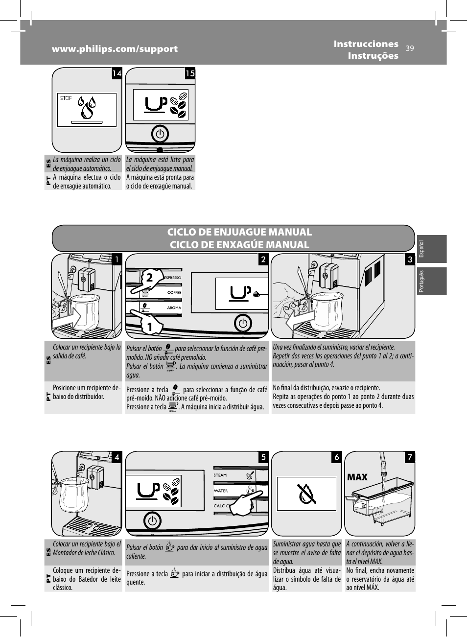 Ciclo de enjuague manual ciclo de enxagúe manual | Philips Saeco Minuto Cafetera expreso súper automática User Manual | Page 39 / 96