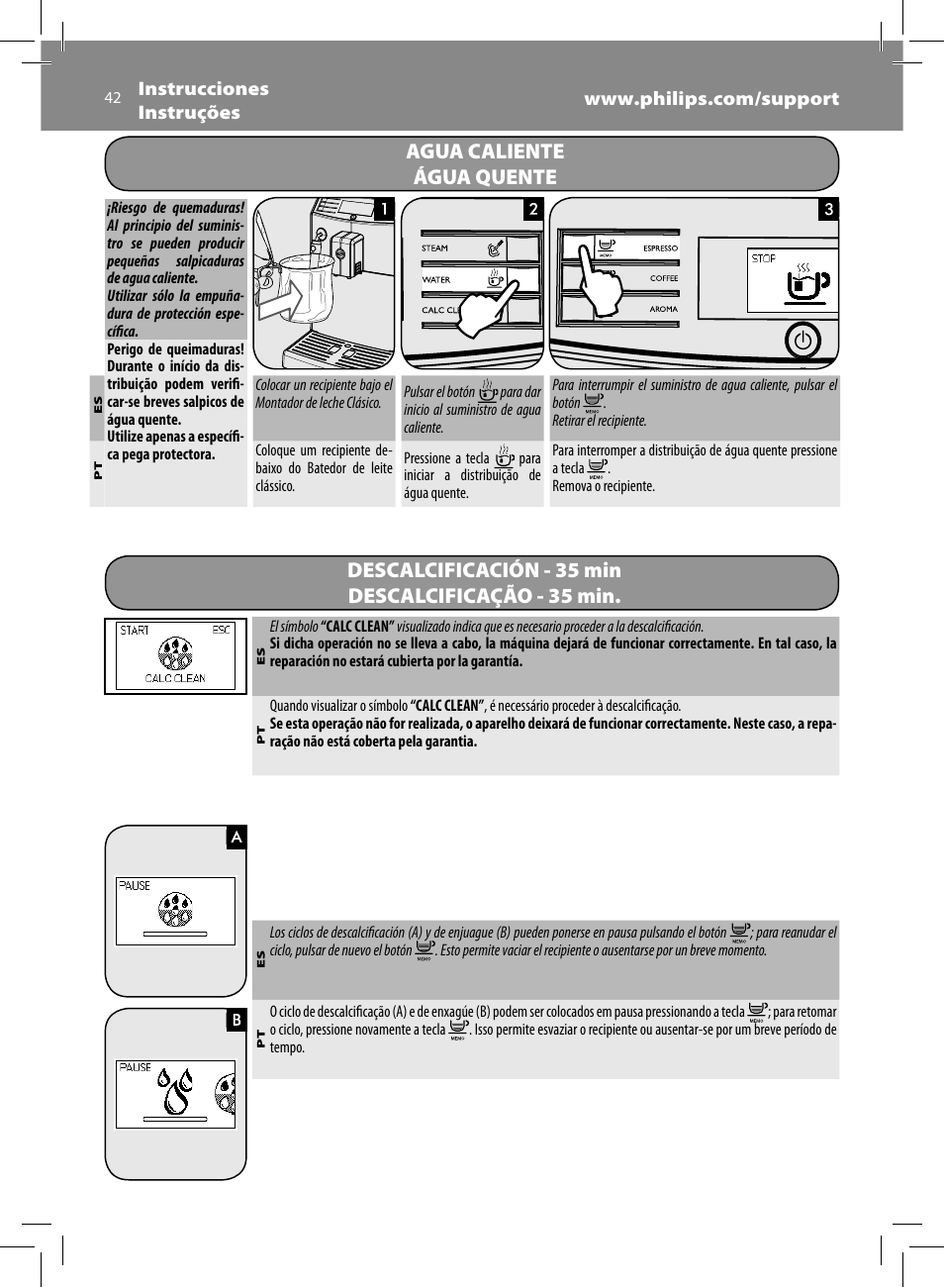 Agua caliente, Água quente, Descalcificación - 35 min descalcificação - 35 min | Philips Saeco Minuto Cafetera expreso súper automática User Manual | Page 42 / 96