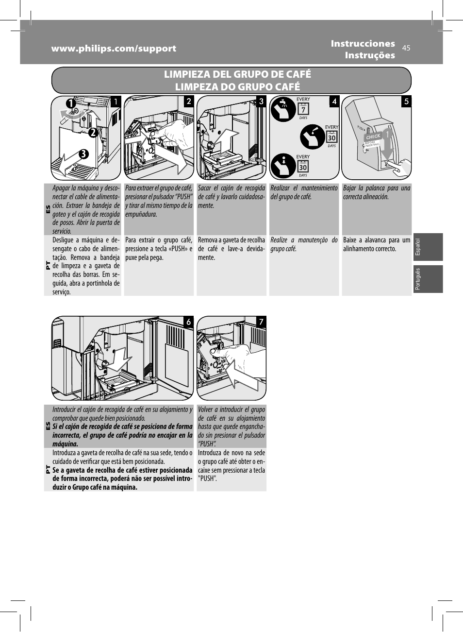 Limpieza del grupo de café limpeza do grupo café | Philips Saeco Minuto Cafetera expreso súper automática User Manual | Page 45 / 96