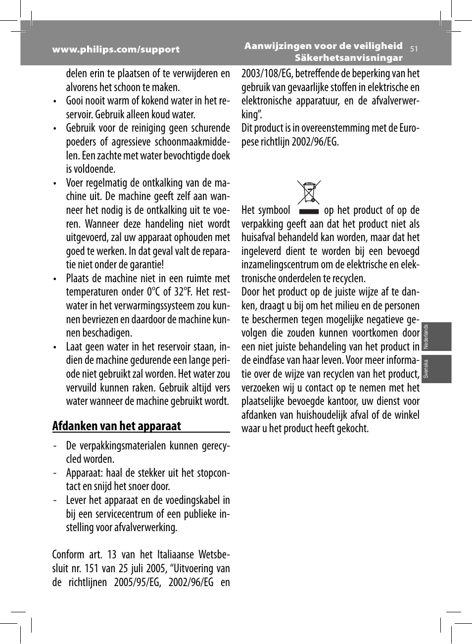 Afdanken van het apparaat | Philips Saeco Minuto Cafetera expreso súper automática User Manual | Page 51 / 96