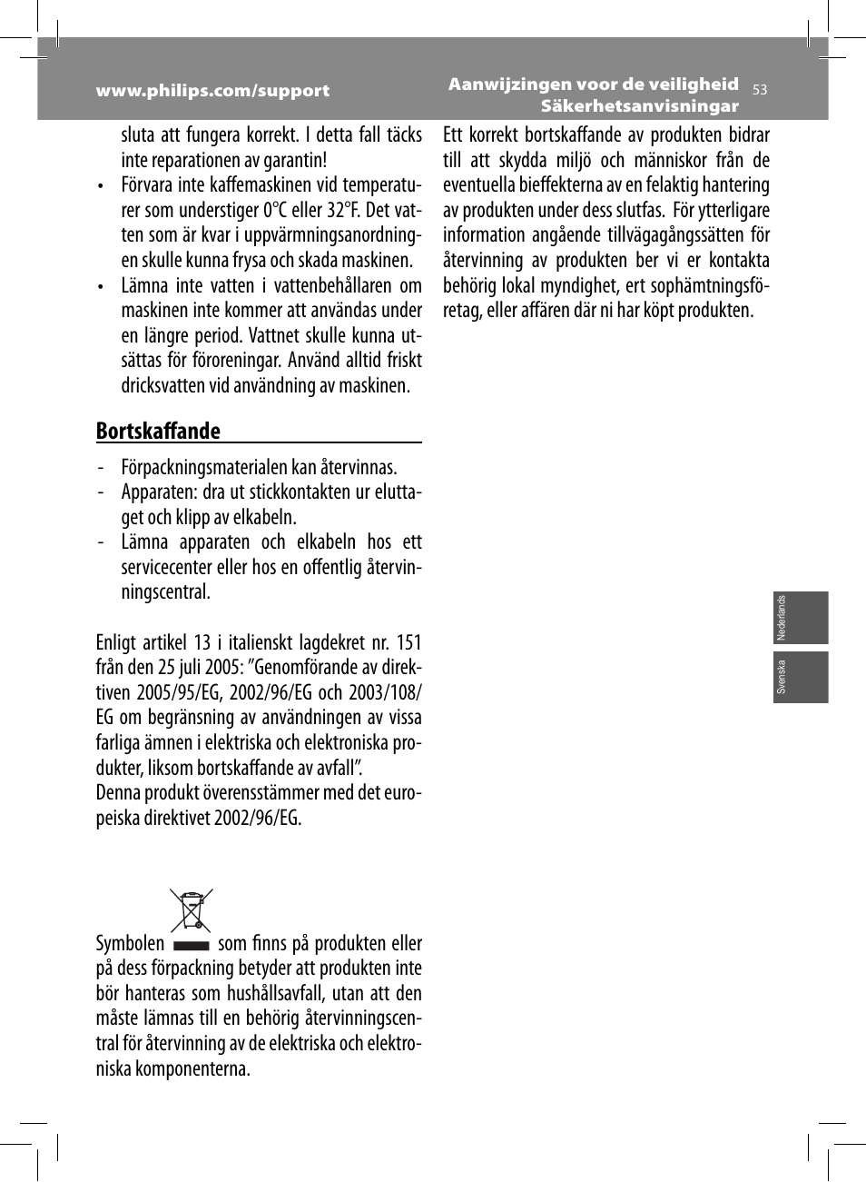 Bortskaff ande | Philips Saeco Minuto Cafetera expreso súper automática User Manual | Page 53 / 96
