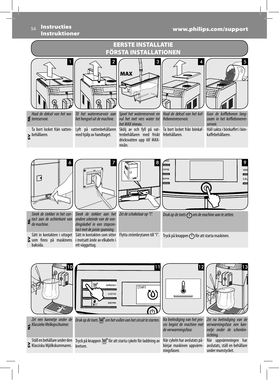 Eerste installatie första installationen | Philips Saeco Minuto Cafetera expreso súper automática User Manual | Page 54 / 96