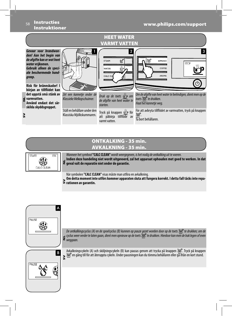 Heet water, Varmt vatten, Ontkalking - 35 min. avkalkning - 35 min | Philips Saeco Minuto Cafetera expreso súper automática User Manual | Page 58 / 96
