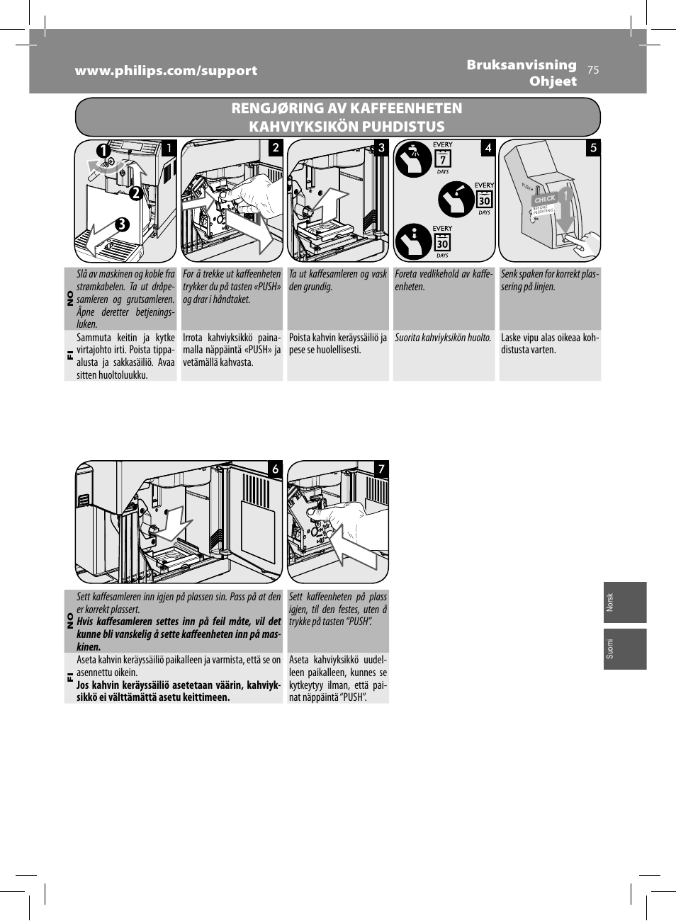 Rengjøring av kaffeenheten kahviyksikön puhdistus | Philips Saeco Minuto Cafetera expreso súper automática User Manual | Page 75 / 96