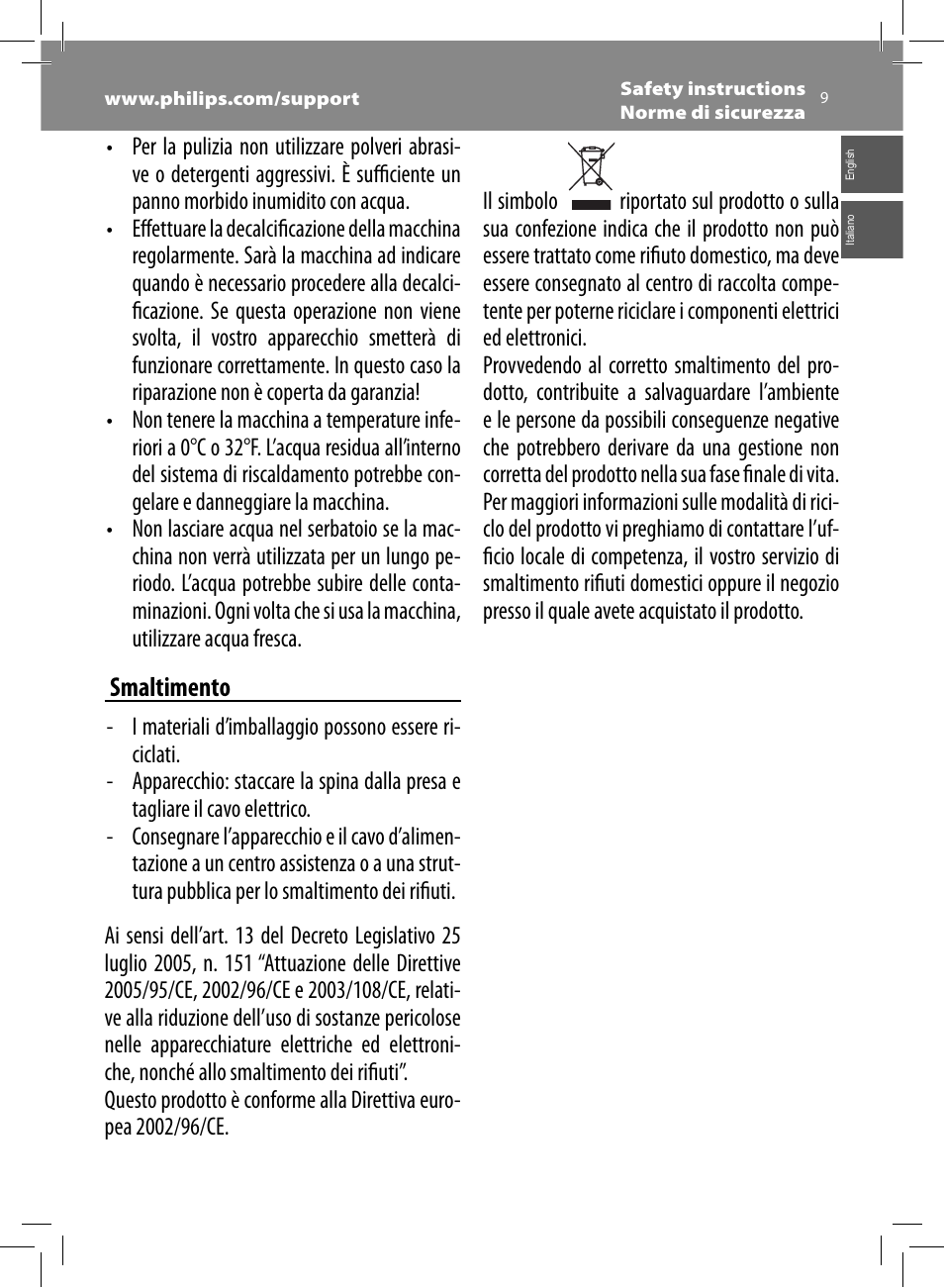 Smaltimento | Philips Saeco Minuto Cafetera expreso súper automática User Manual | Page 9 / 96