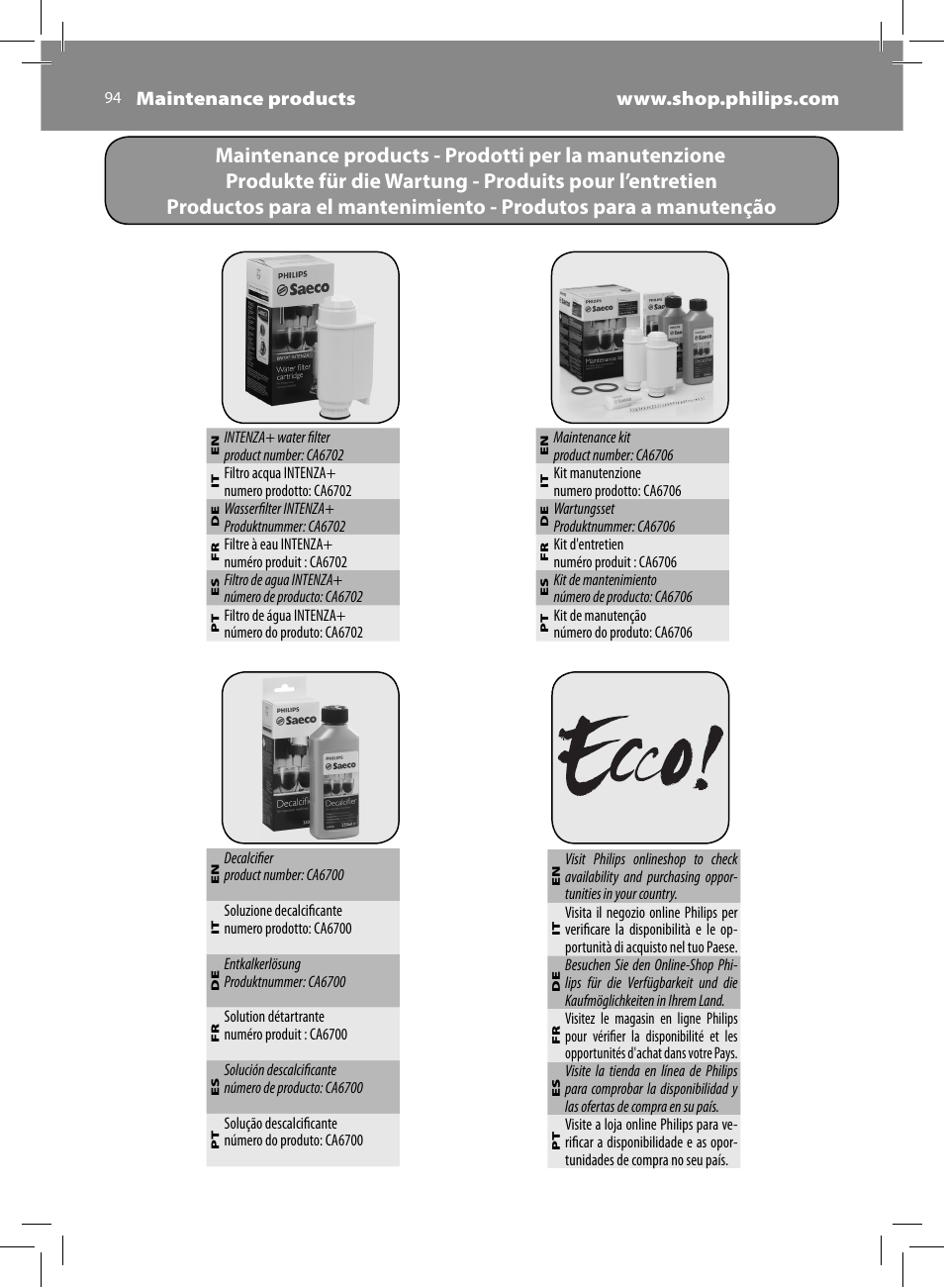Philips Saeco Minuto Cafetera expreso súper automática User Manual | Page 94 / 96