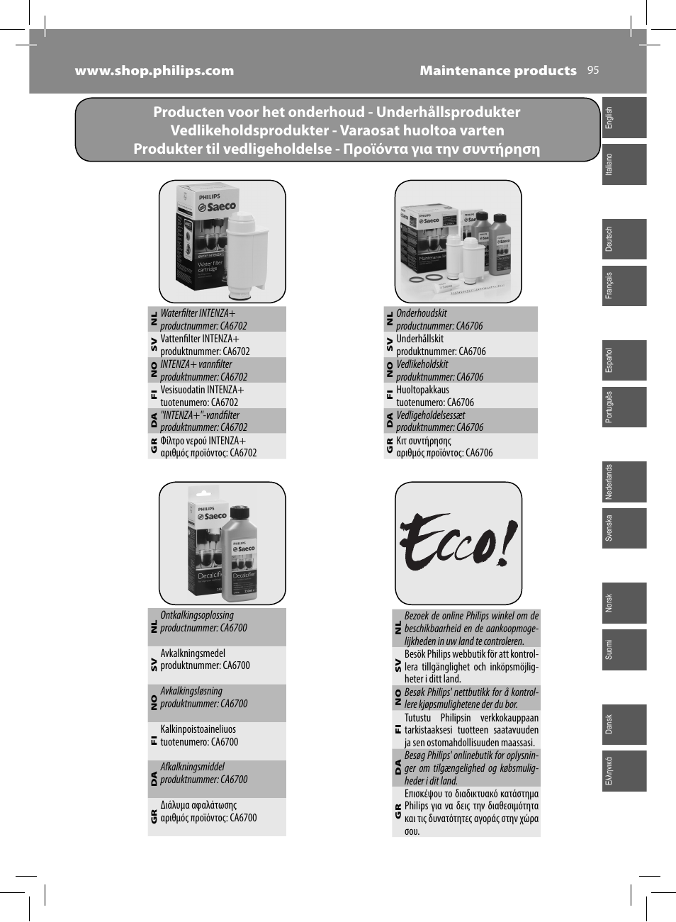 Philips Saeco Minuto Cafetera expreso súper automática User Manual | Page 95 / 96