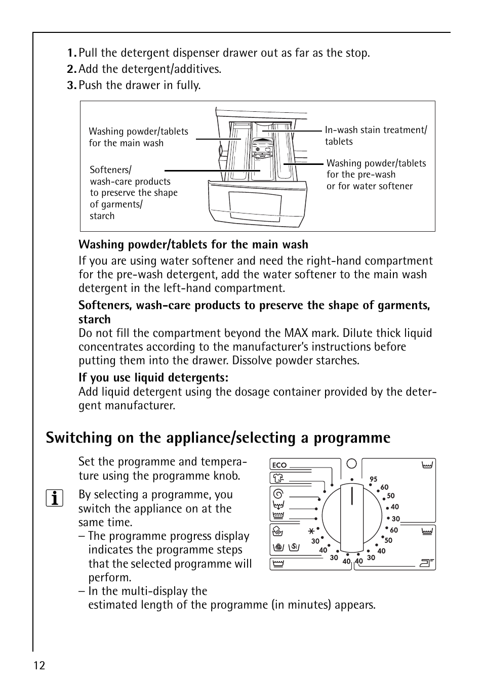 Switching on the appliance/selecting a programme | AEG LAVAMAT 60810 User Manual | Page 12 / 40