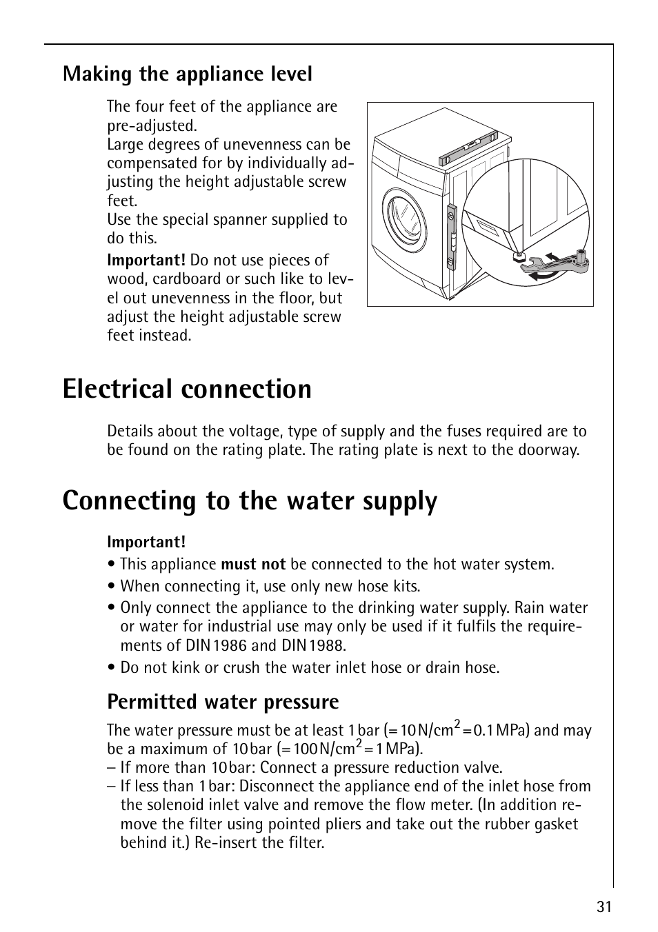 Electrical connection, Connecting to the water supply, Making the appliance level | Permitted water pressure | AEG LAVAMAT 60810 User Manual | Page 31 / 40