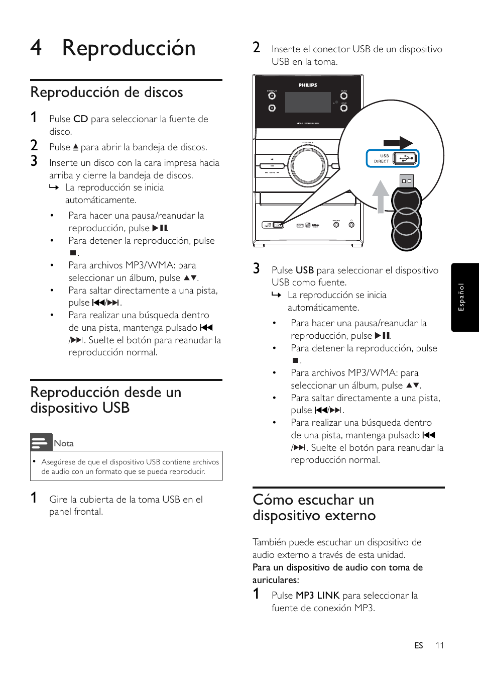 4 reproducción, Reproducción de discos 1, Reproducción desde un dispositivo usb | Cómo escuchar un dispositivo externo | Philips Microcadena clásica User Manual | Page 12 / 22