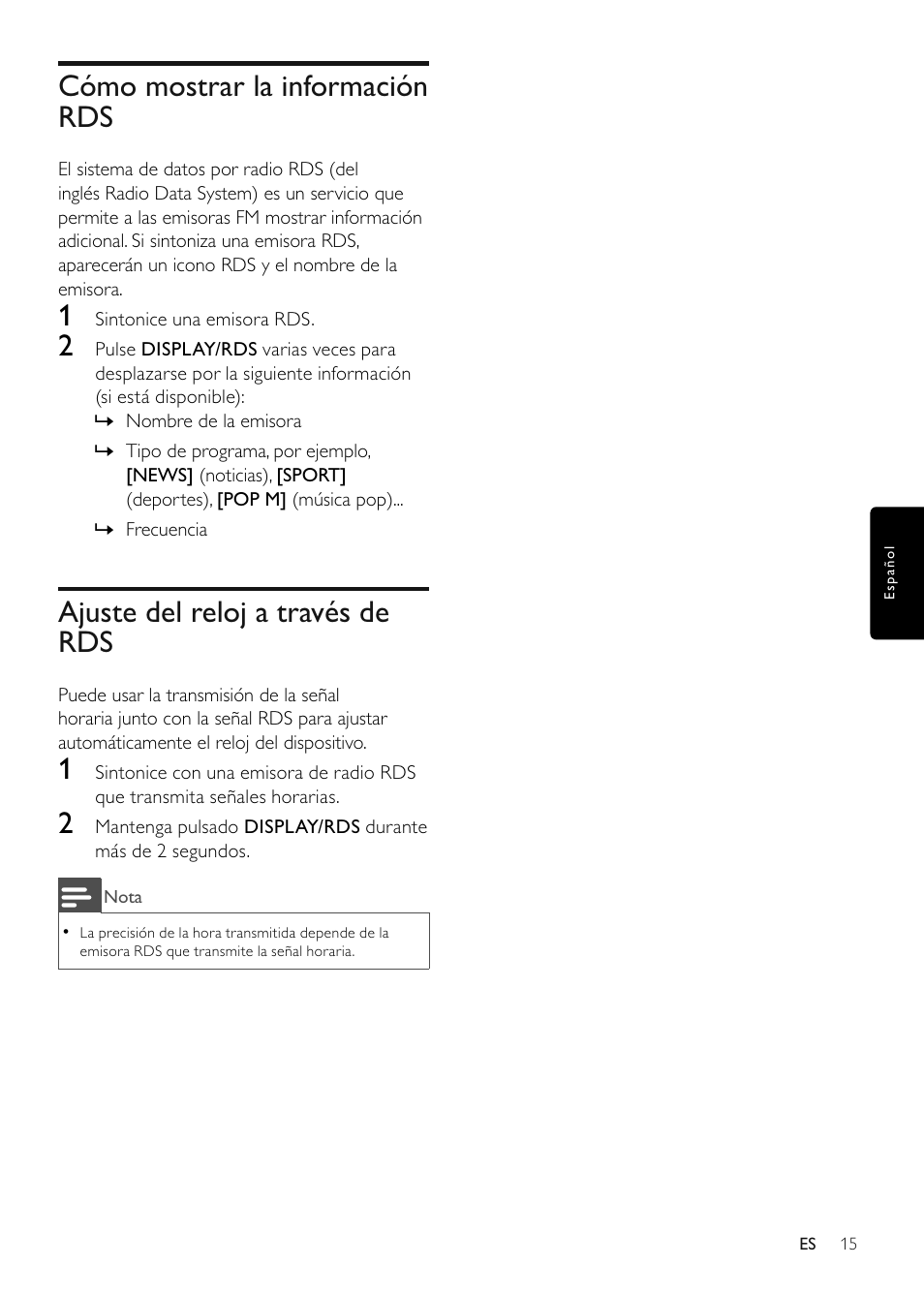 Cómo mostrar la información rds, Ajuste del reloj a través de rds | Philips Microcadena clásica User Manual | Page 16 / 22