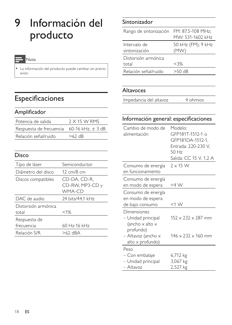 9 información del producto, Especià caciones | Philips Microcadena clásica User Manual | Page 19 / 22