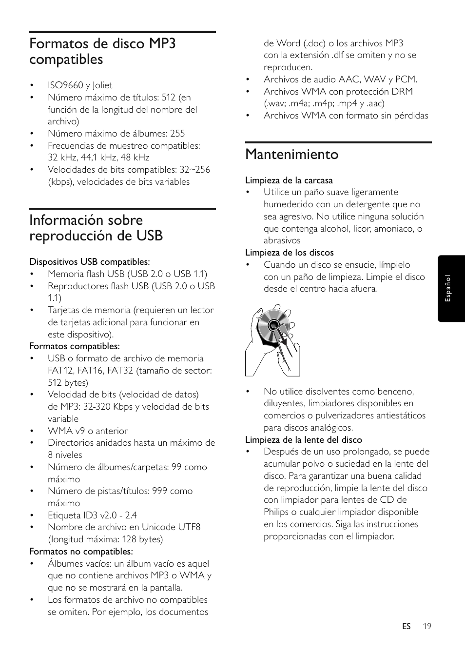 Formatos de disco mp3 compatibles, Información sobre reproducción de usb, Mantenimiento | Philips Microcadena clásica User Manual | Page 20 / 22