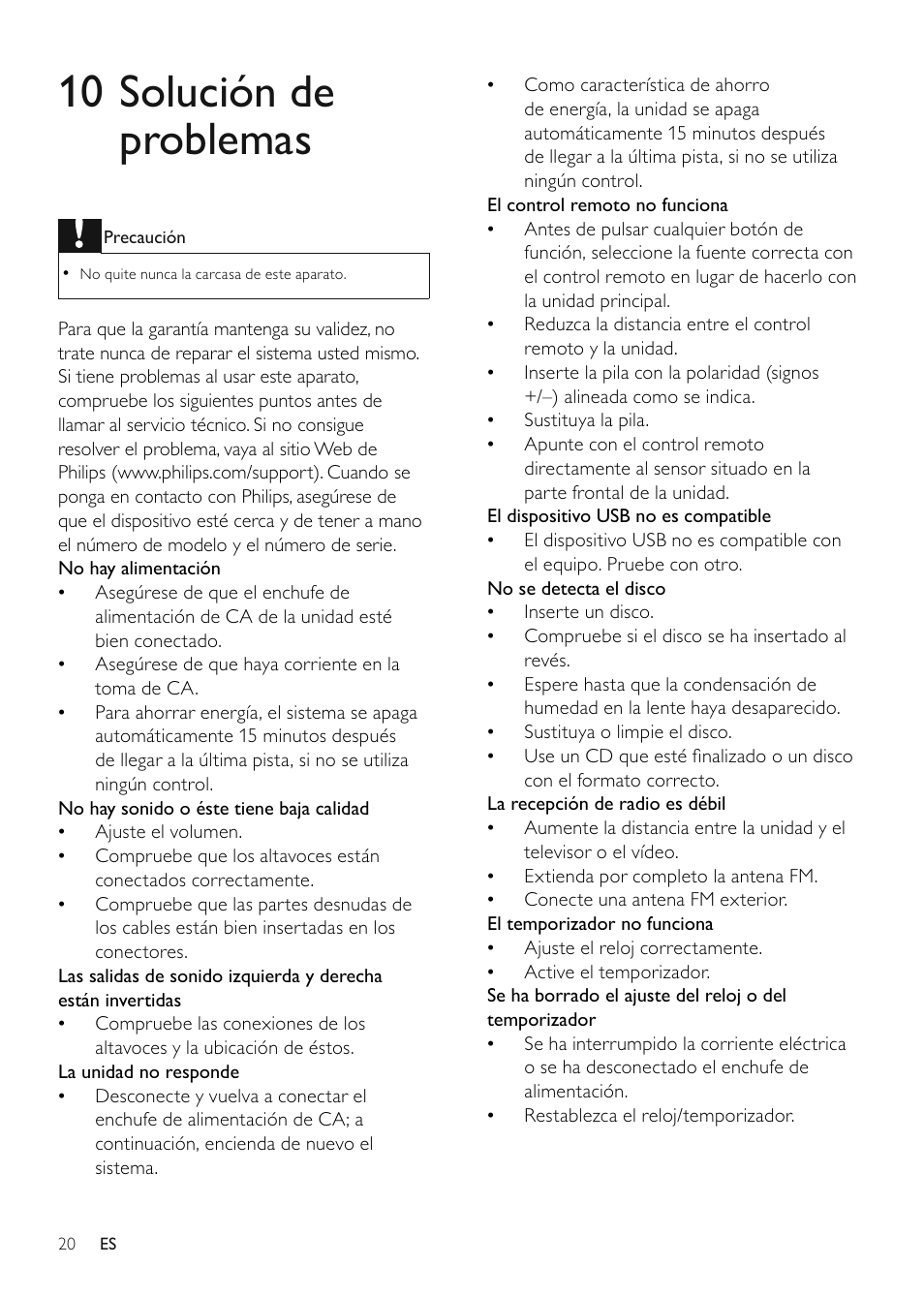 10 solución de problemas | Philips Microcadena clásica User Manual | Page 21 / 22