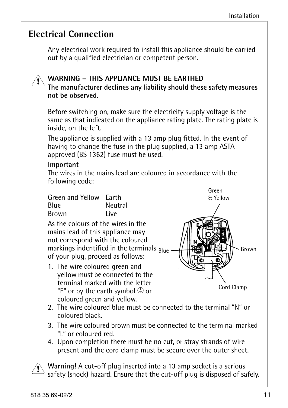 Electrical connection | AEG SANTO 72358 KA3 User Manual | Page 11 / 64