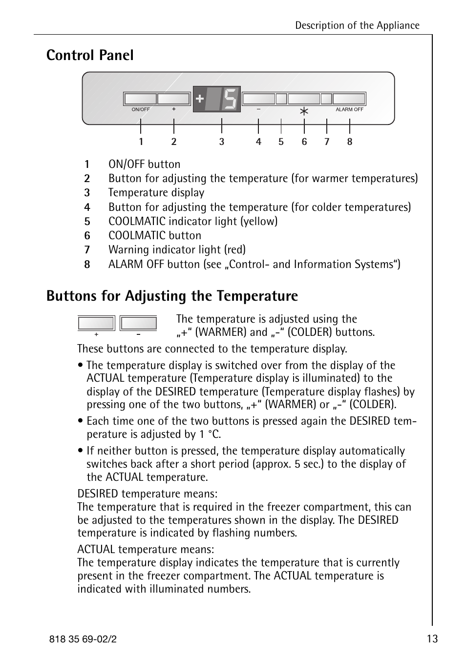 Control panel, Buttons for adjusting the temperature | AEG SANTO 72358 KA3 User Manual | Page 13 / 64