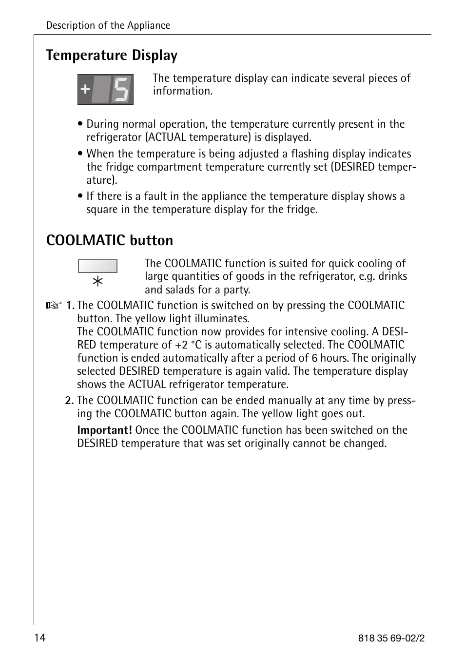 Temperature display, Coolmatic button | AEG SANTO 72358 KA3 User Manual | Page 14 / 64