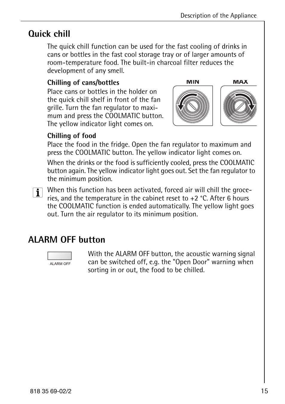 Quick chill, Alarm off button | AEG SANTO 72358 KA3 User Manual | Page 15 / 64