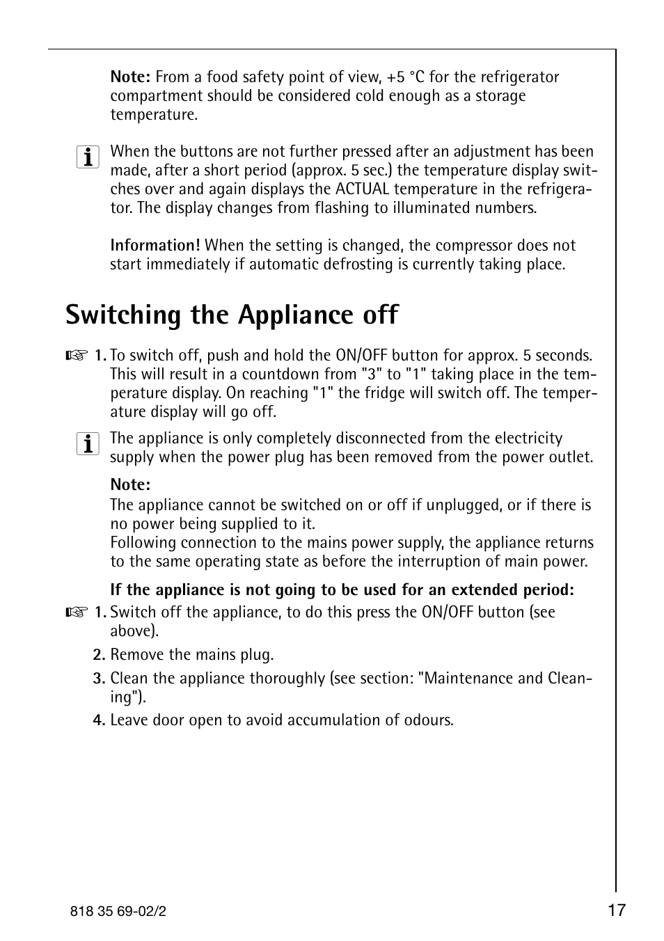 Switching the appliance off | AEG SANTO 72358 KA3 User Manual | Page 17 / 64