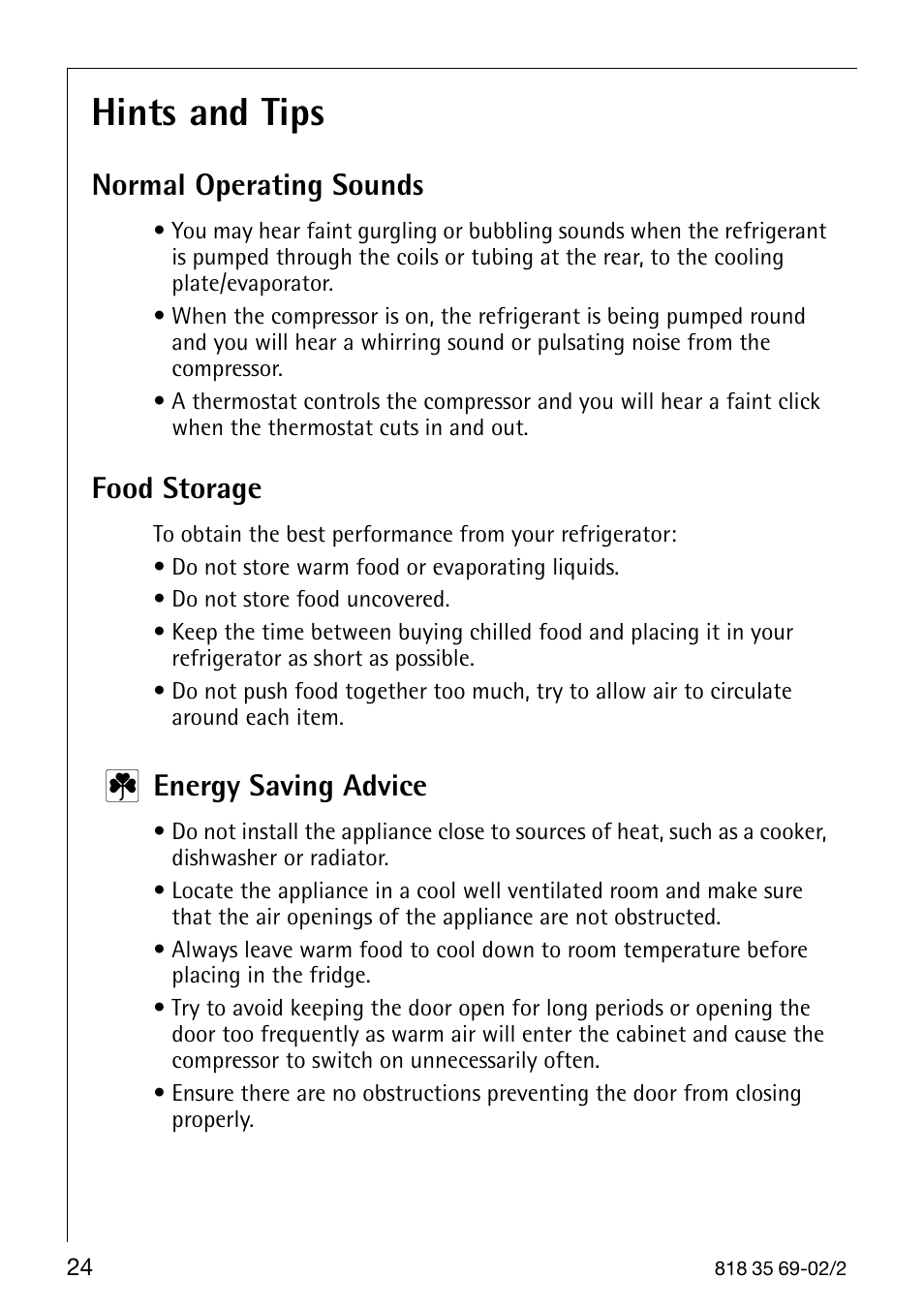 Hints and tips, Normal operating sounds, Food storage | Energy saving advice | AEG SANTO 72358 KA3 User Manual | Page 24 / 64