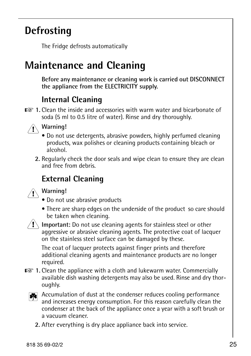 Defrosting, Maintenance and cleaning, Internal cleaning | External cleaning | AEG SANTO 72358 KA3 User Manual | Page 25 / 64