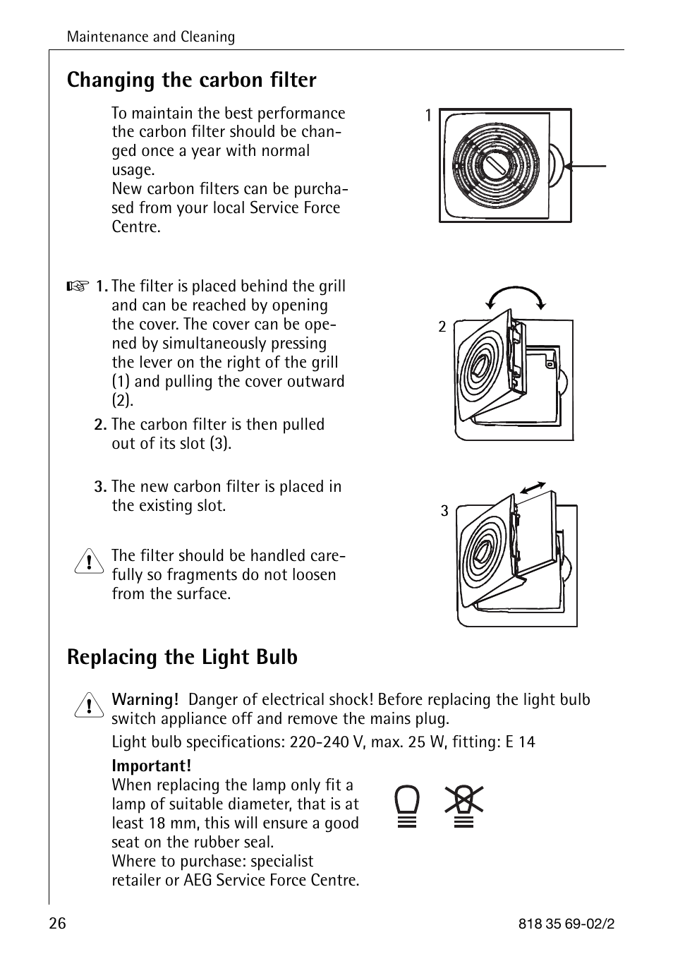 Changing the carbon filter, Replacing the light bulb | AEG SANTO 72358 KA3 User Manual | Page 26 / 64