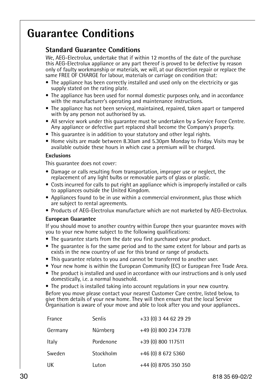 Guarantee conditions | AEG SANTO 72358 KA3 User Manual | Page 30 / 64