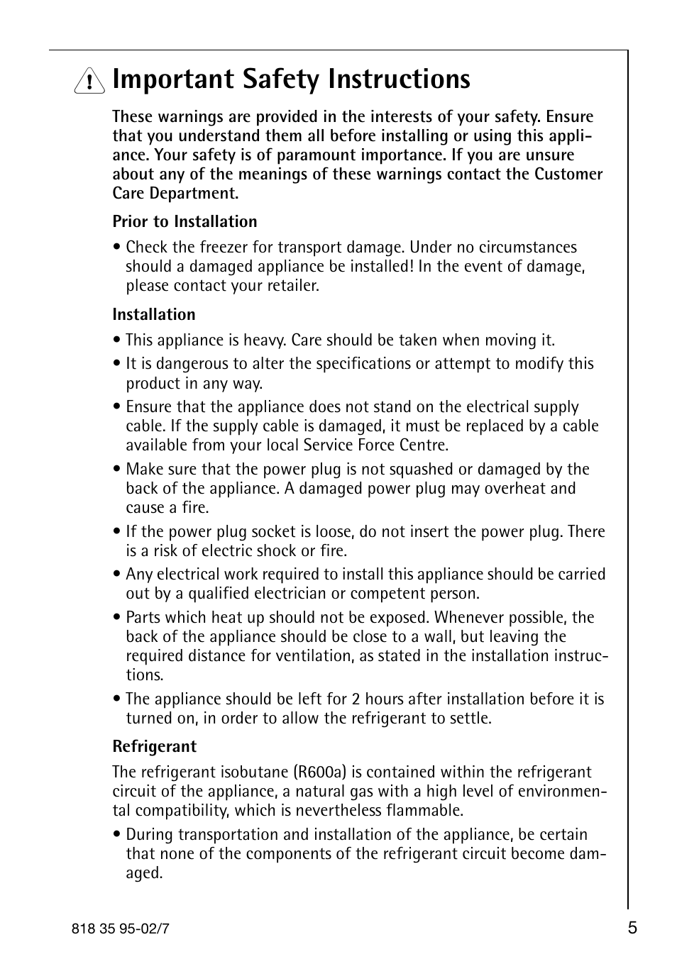 Important safety instructions | AEG SANTO 72358 KA3 User Manual | Page 37 / 64