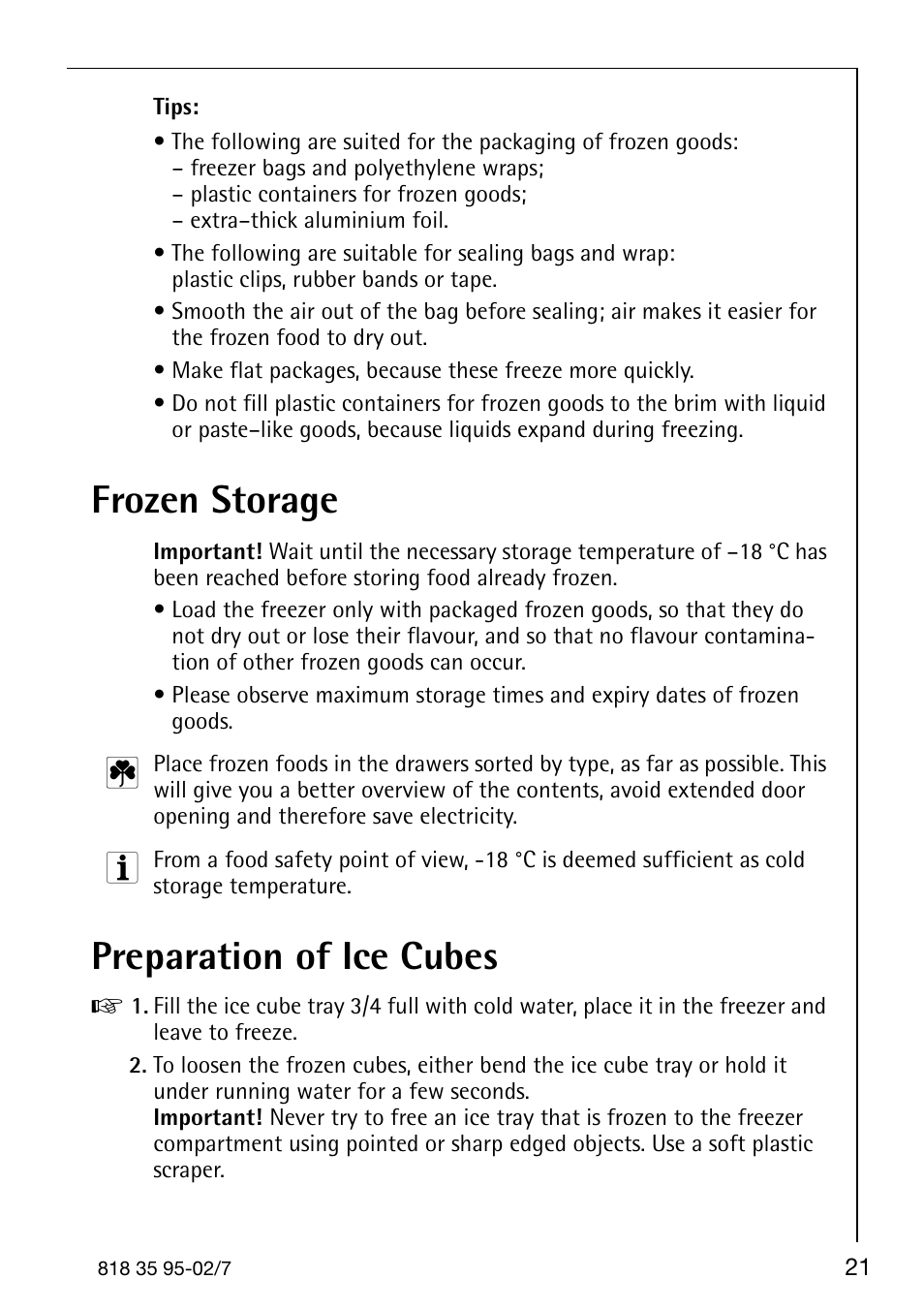 Frozen storage, Preparation of ice cubes | AEG SANTO 72358 KA3 User Manual | Page 53 / 64
