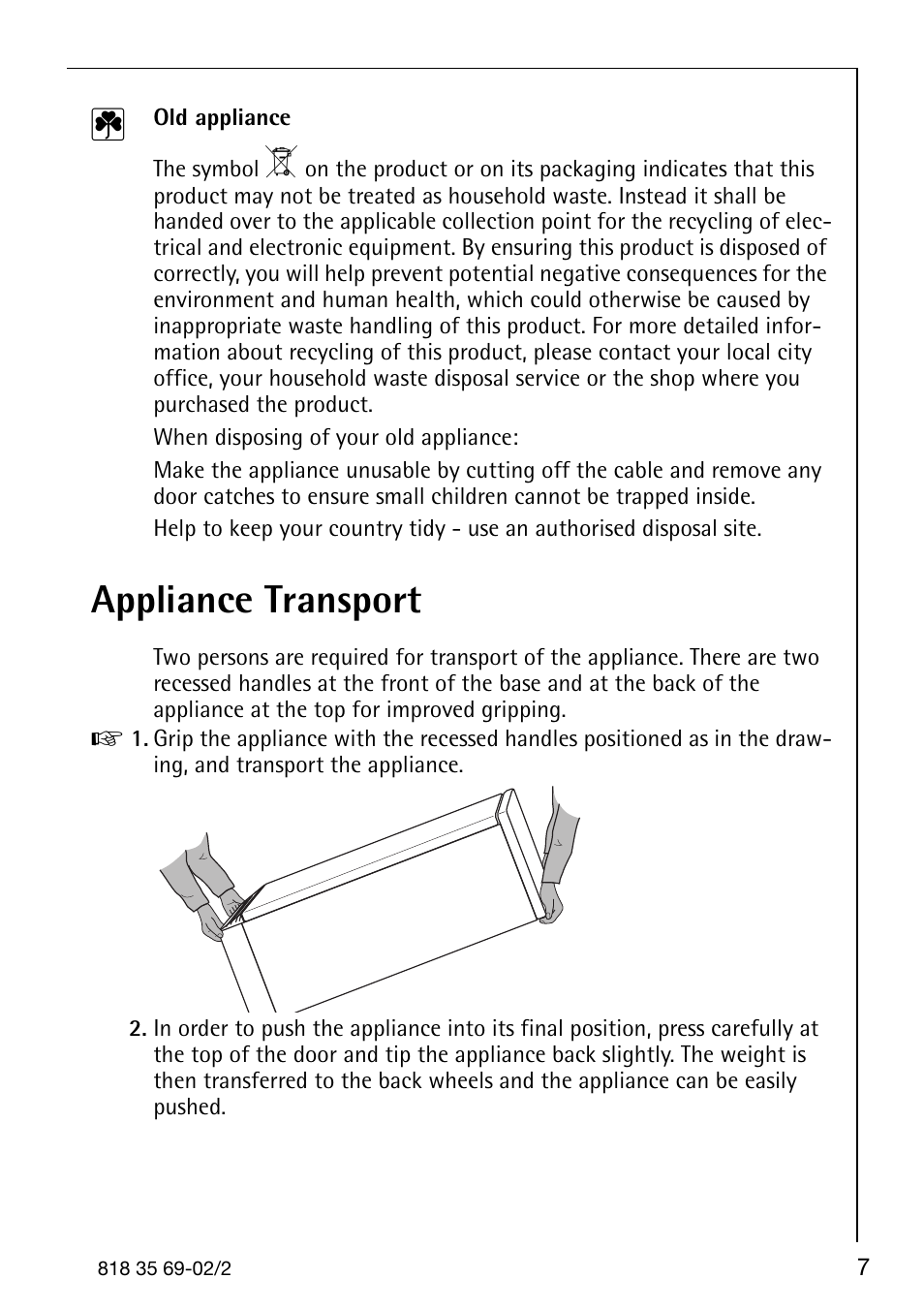 Appliance transport | AEG SANTO 72358 KA3 User Manual | Page 7 / 64
