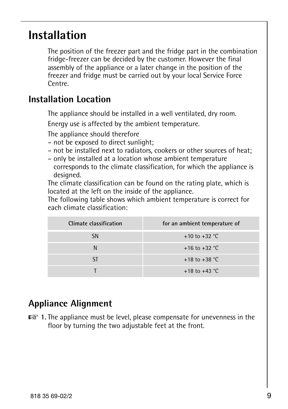 Installation, Installation location, Appliance alignment | AEG SANTO 72358 KA3 User Manual | Page 9 / 64