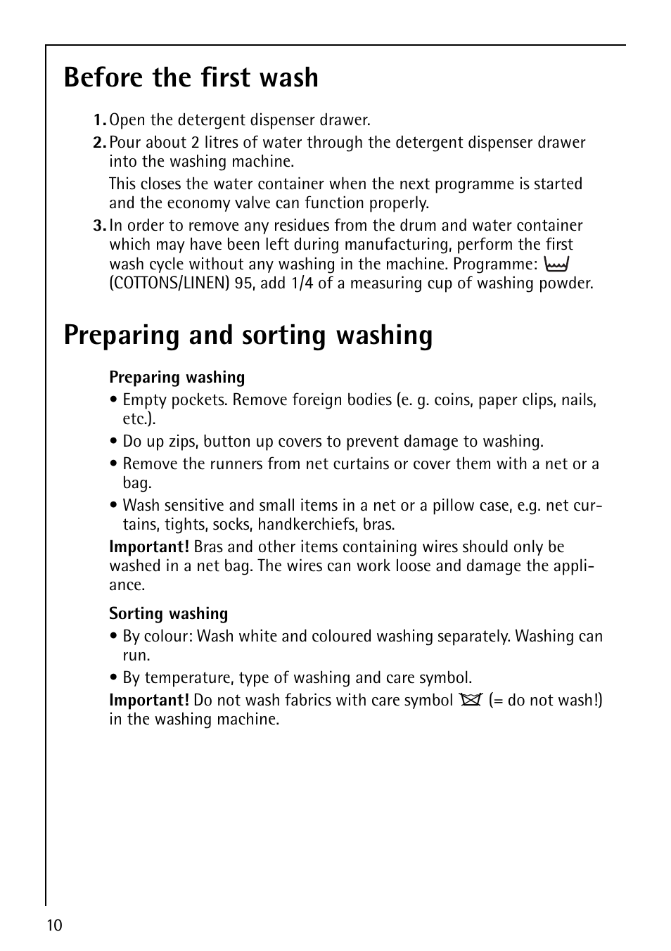 Before the first wash, Preparing and sorting washing | AEG LAVAMAT 50212 User Manual | Page 10 / 36