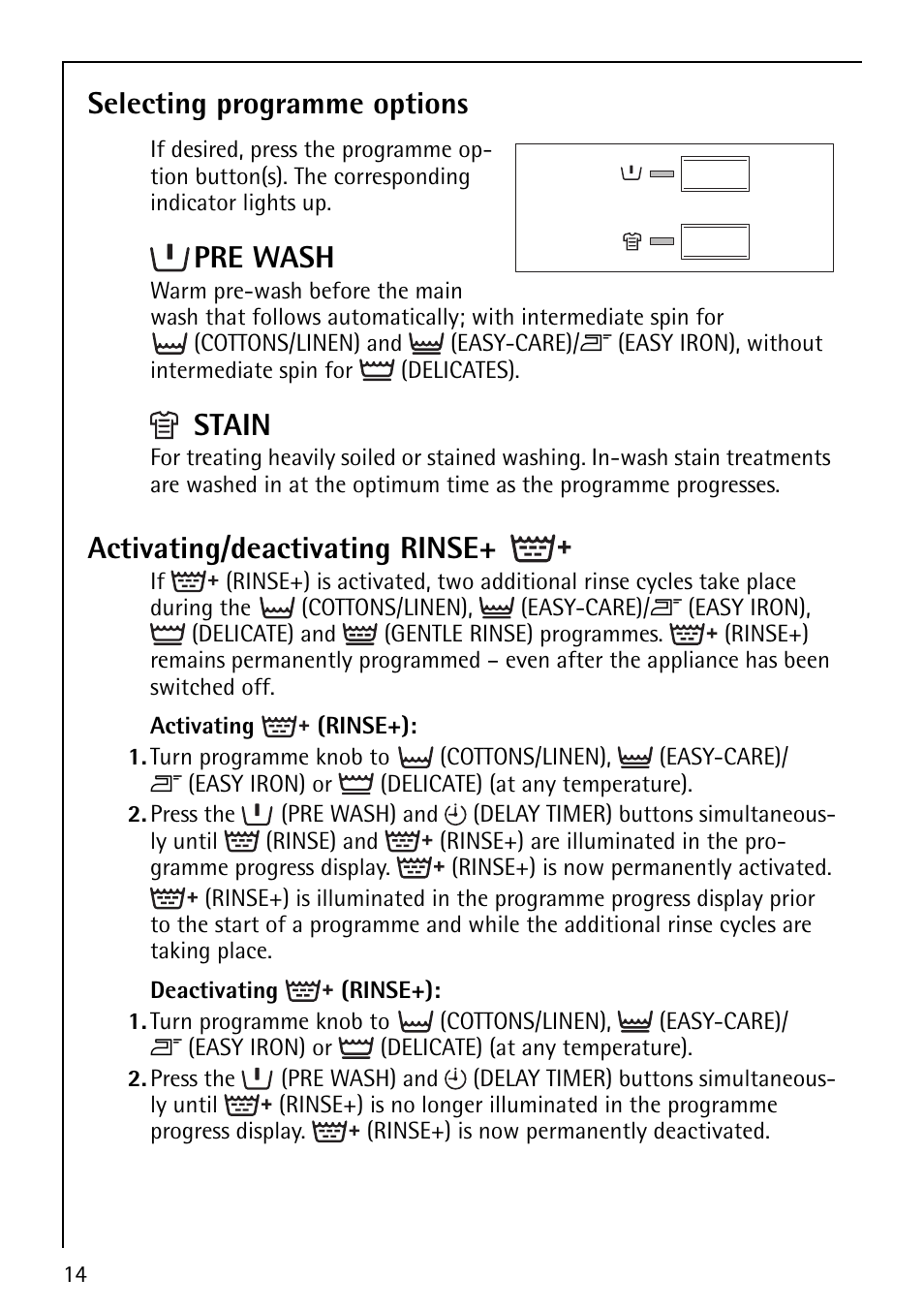 Selecting programme options, Pre wash stain activating/deactivating rinse | AEG LAVAMAT 50212 User Manual | Page 14 / 36