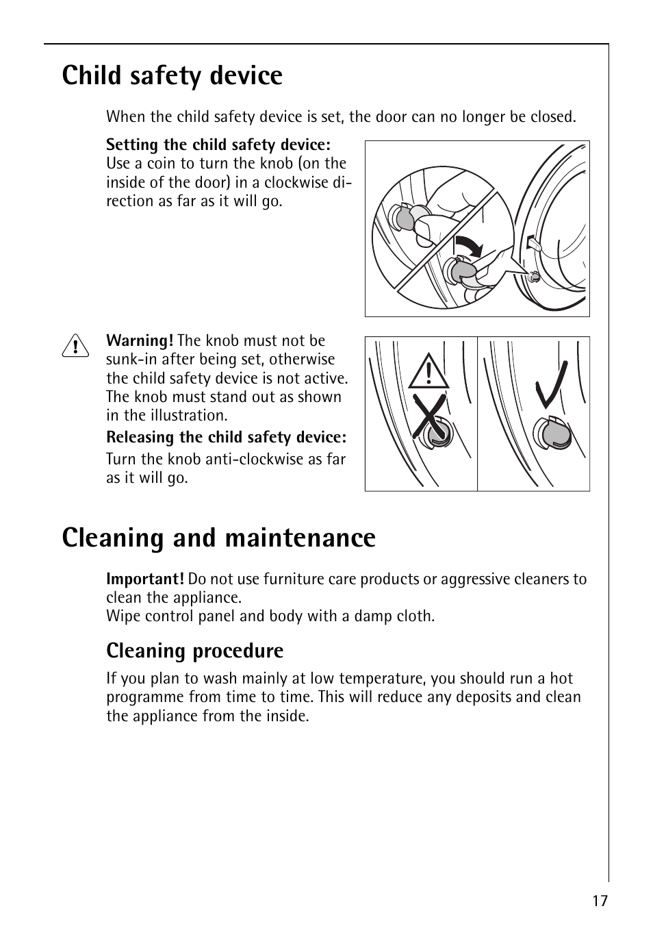 Child safety device, Cleaning and maintenance | AEG LAVAMAT 50212 User Manual | Page 17 / 36