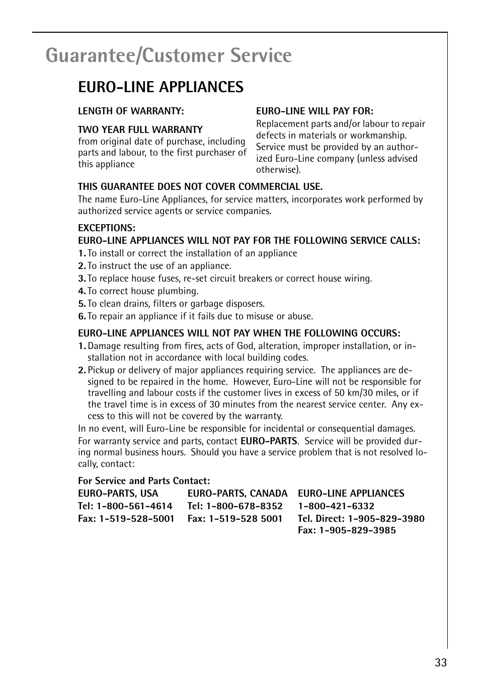 Guarantee/customer service, Euro-line appliances | AEG LAVAMAT 50212 User Manual | Page 33 / 36