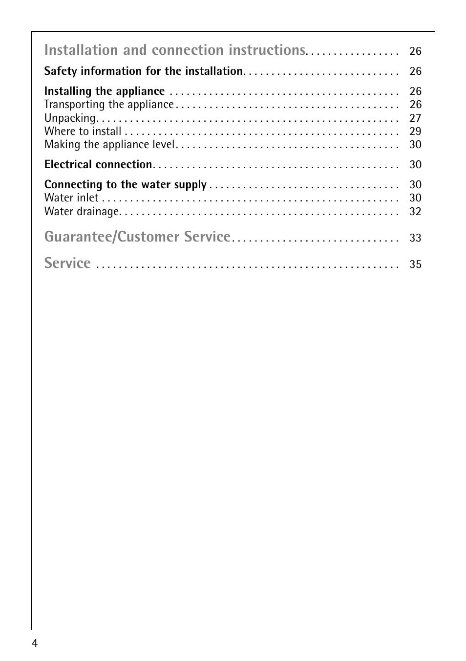 Installation and connection instructions, Guarantee/customer service, Service | AEG LAVAMAT 50212 User Manual | Page 4 / 36