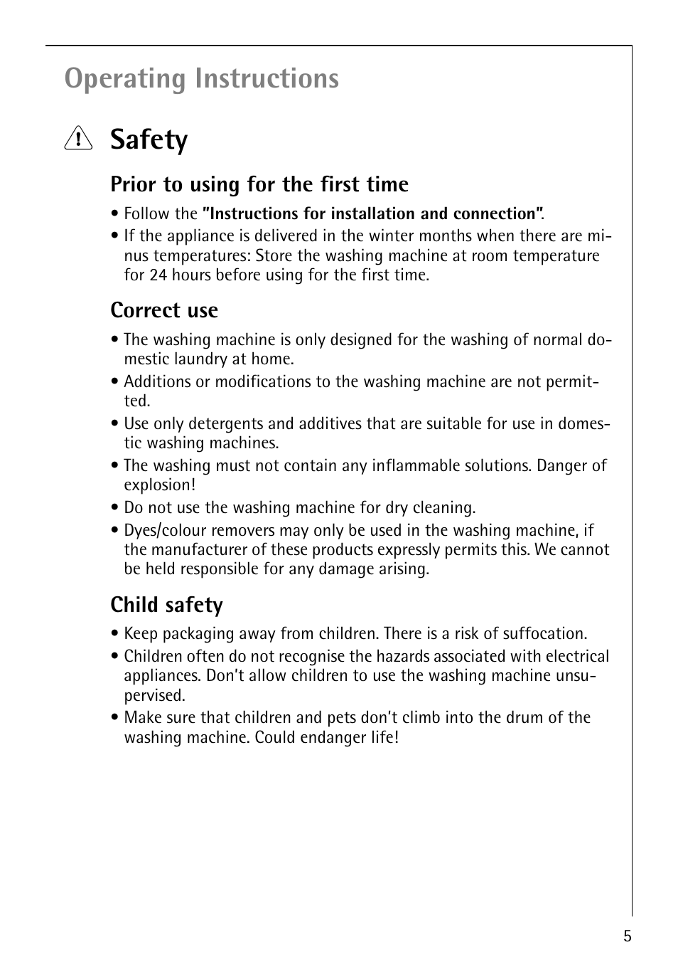 Operating instructions 1 safety, Prior to using for the first time, Correct use | Child safety | AEG LAVAMAT 50212 User Manual | Page 5 / 36