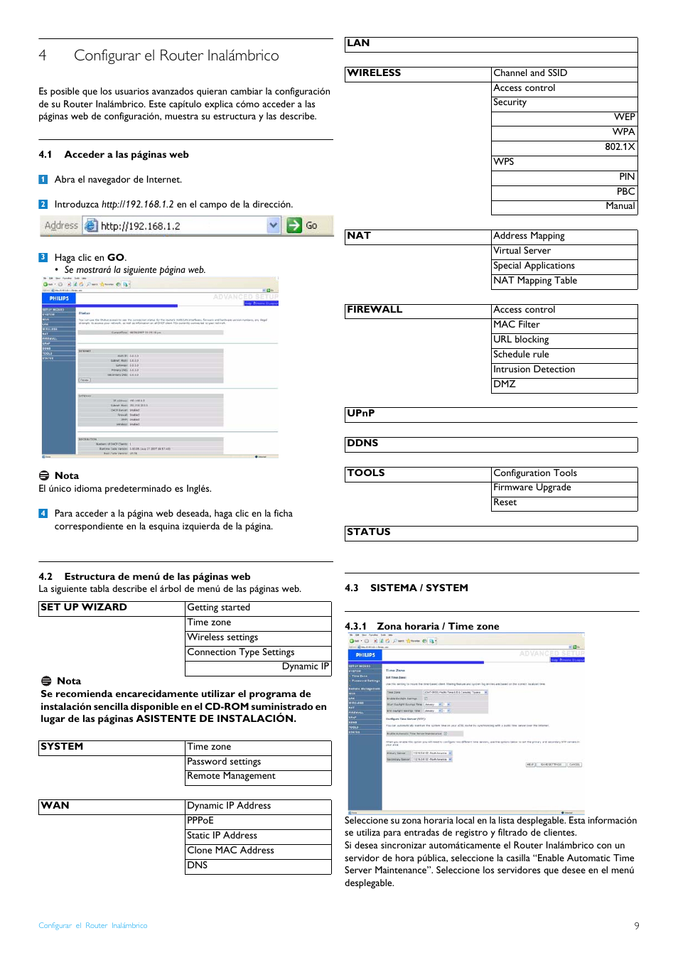 4 configurar el router inalámbrico, 3 sistema / system, 1 zona horaria / time zone | Configurar el router inalámbrico, Sistema / system, Zona horaria / time zone, 4configurar el router inalámbrico | Philips Router inalámbrico User Manual | Page 11 / 24