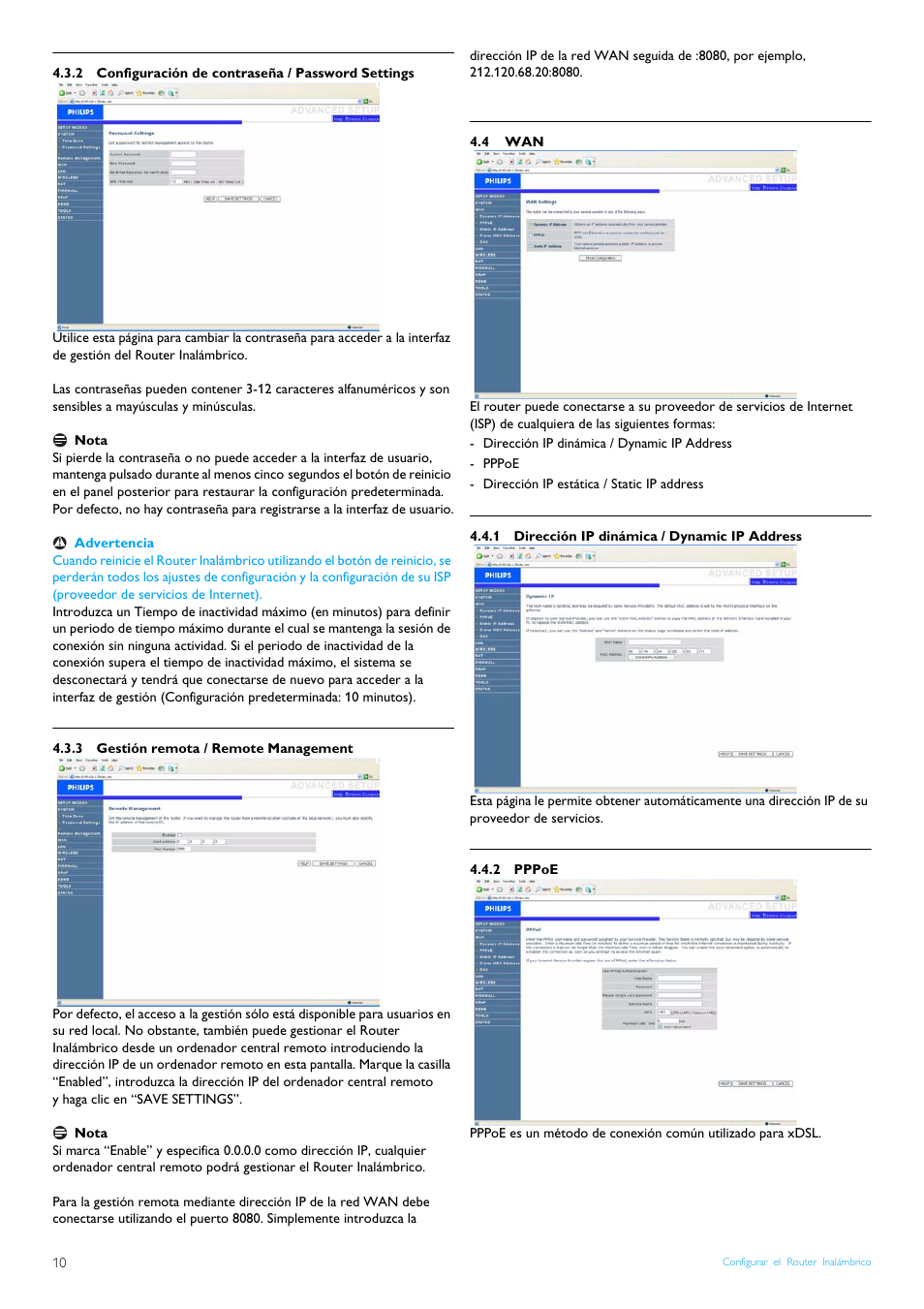 2 configuración de contraseña / password settings, 3 gestión remota / remote management, 4 wan | 1 dirección ip dinámica / dynamic ip address, 2 pppoe, Configuración de contraseña / password settings, Gestión remota / remote management, Dirección ip dinámica / dynamic ip address, Pppoe | Philips Router inalámbrico User Manual | Page 12 / 24