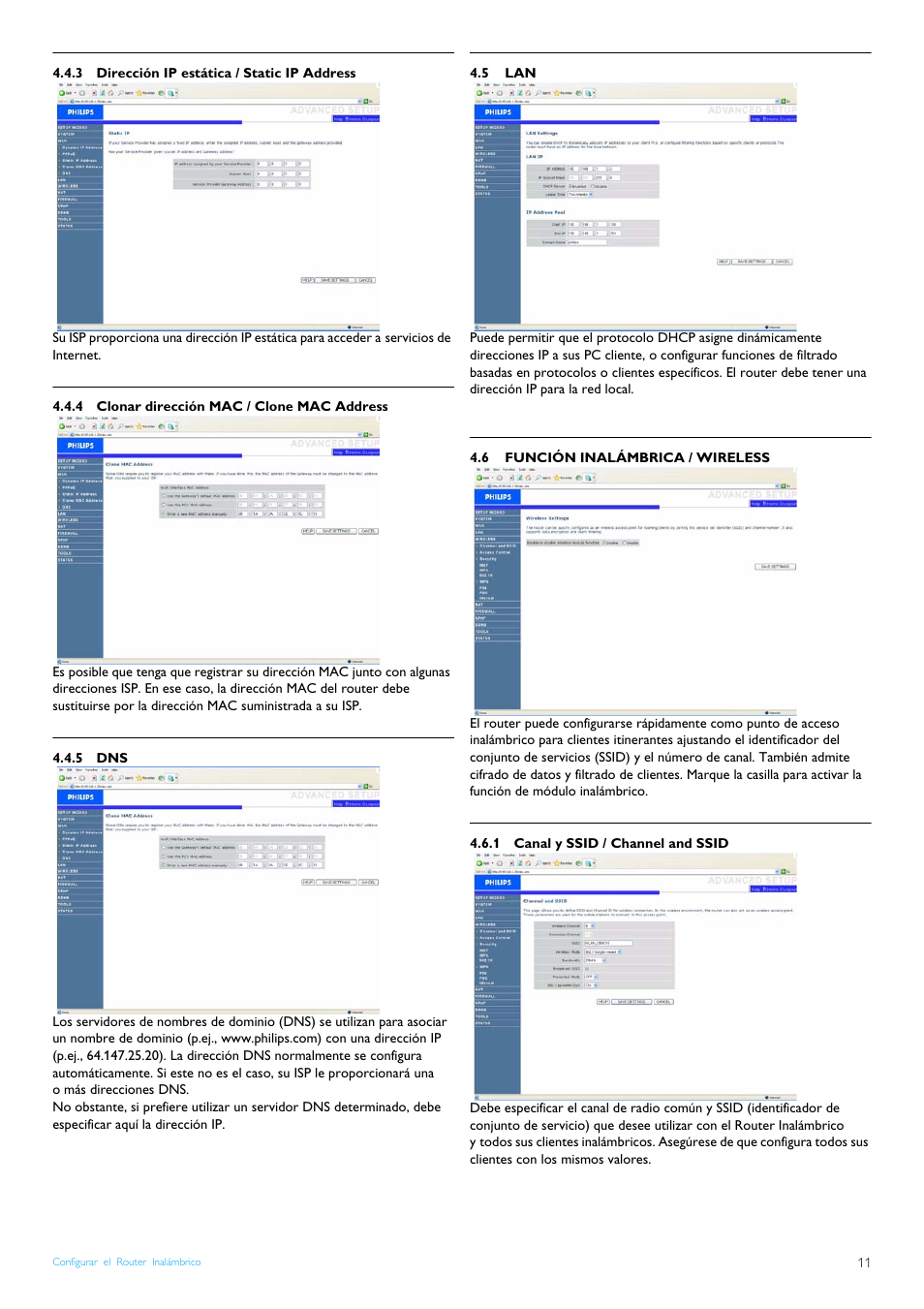 3 dirección ip estática / static ip address, 4 clonar dirección mac / clone mac address, 5 dns | 5 lan, 6 función inalámbrica / wireless, 1 canal y ssid / channel and ssid, Dirección ip estática / static ip address, Clonar dirección mac / clone mac address, Función inalámbrica / wireless, Canal y ssid / channel and ssid | Philips Router inalámbrico User Manual | Page 13 / 24