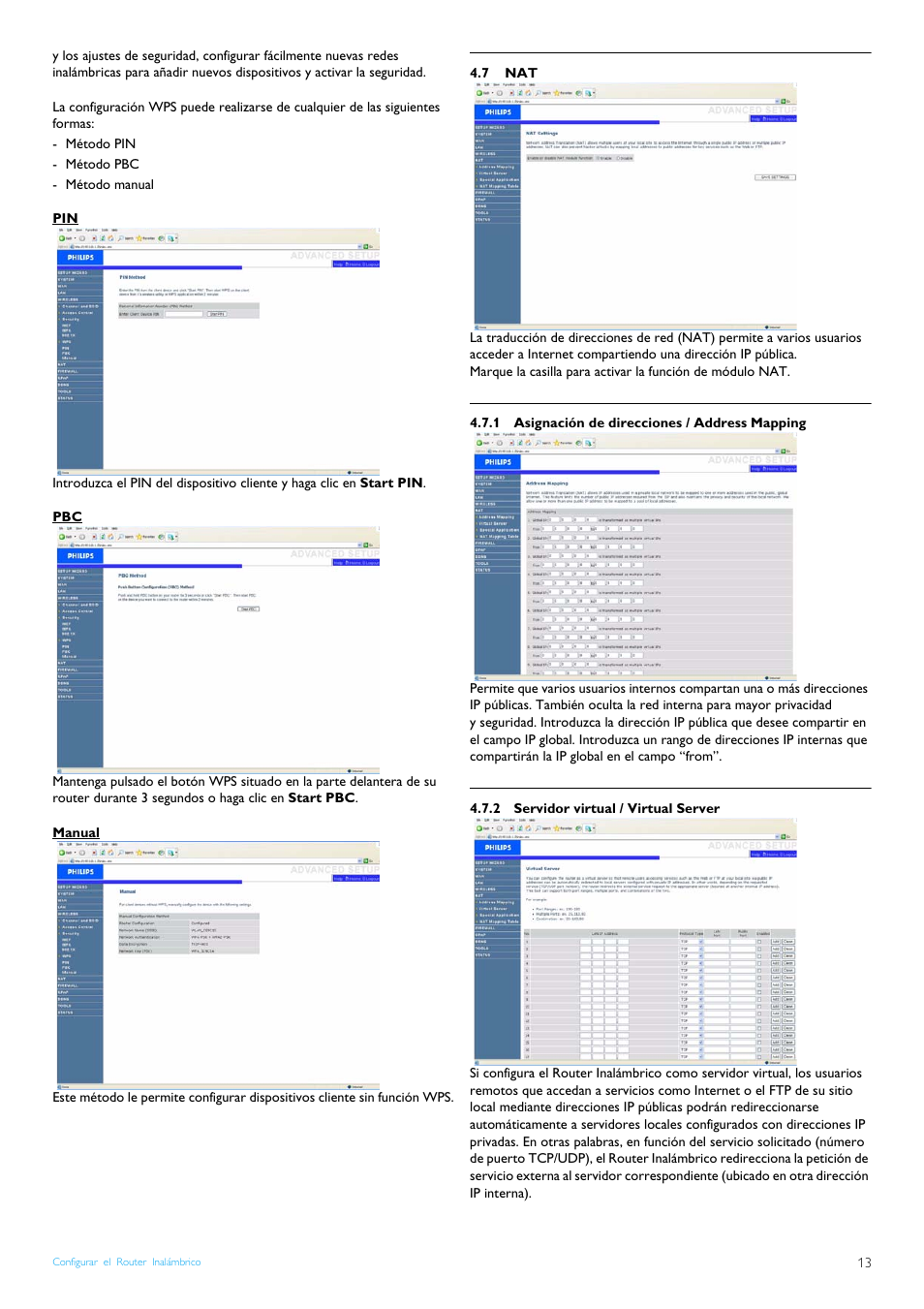 Manual, 7 nat, 1 asignación de direcciones / address mapping | 2 servidor virtual / virtual server, Asignación de direcciones / address mapping, Servidor virtual / virtual server | Philips Router inalámbrico User Manual | Page 15 / 24