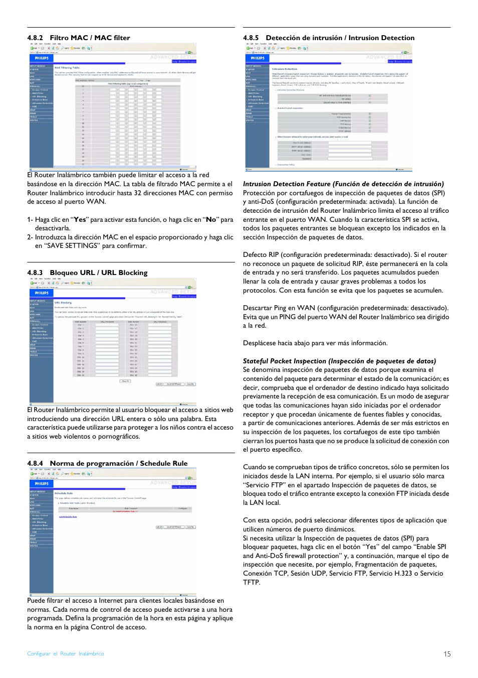 2 filtro mac / mac filter, 3 bloqueo url / url blocking, 4 norma de programación / schedule rule | 5 detección de intrusión / intrusion detection, Filtro mac / mac filter, Bloqueo url / url blocking, Norma de programación / schedule rule, Detección de intrusión / intrusion detection | Philips Router inalámbrico User Manual | Page 17 / 24