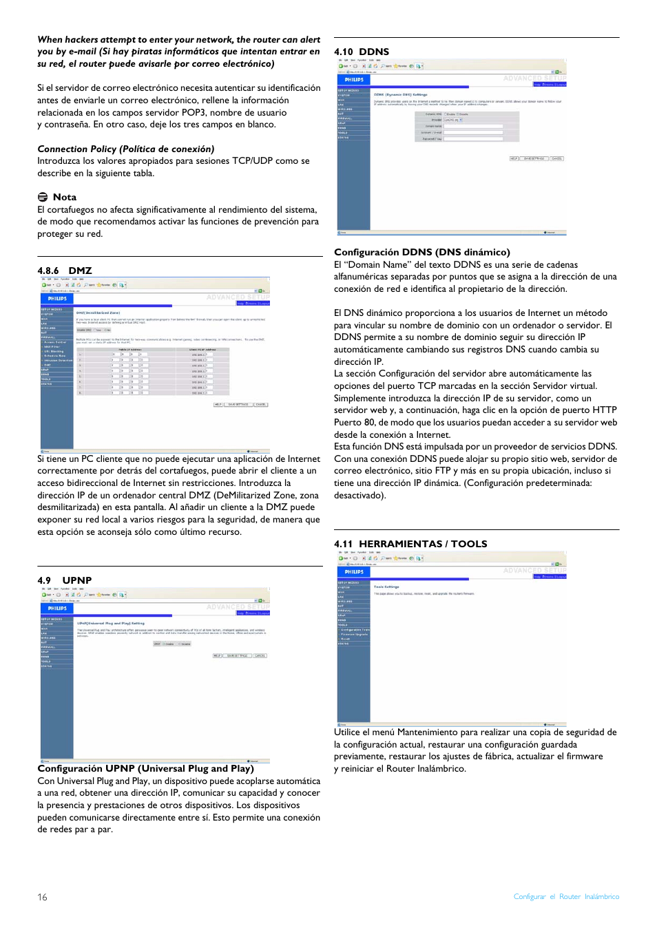 Connection policy (política de conexión), 6 dmz, 9 upnp | 10 ddns, 11 herramientas / tools, Upnp, Ddns, Herramientas / tools | Philips Router inalámbrico User Manual | Page 18 / 24