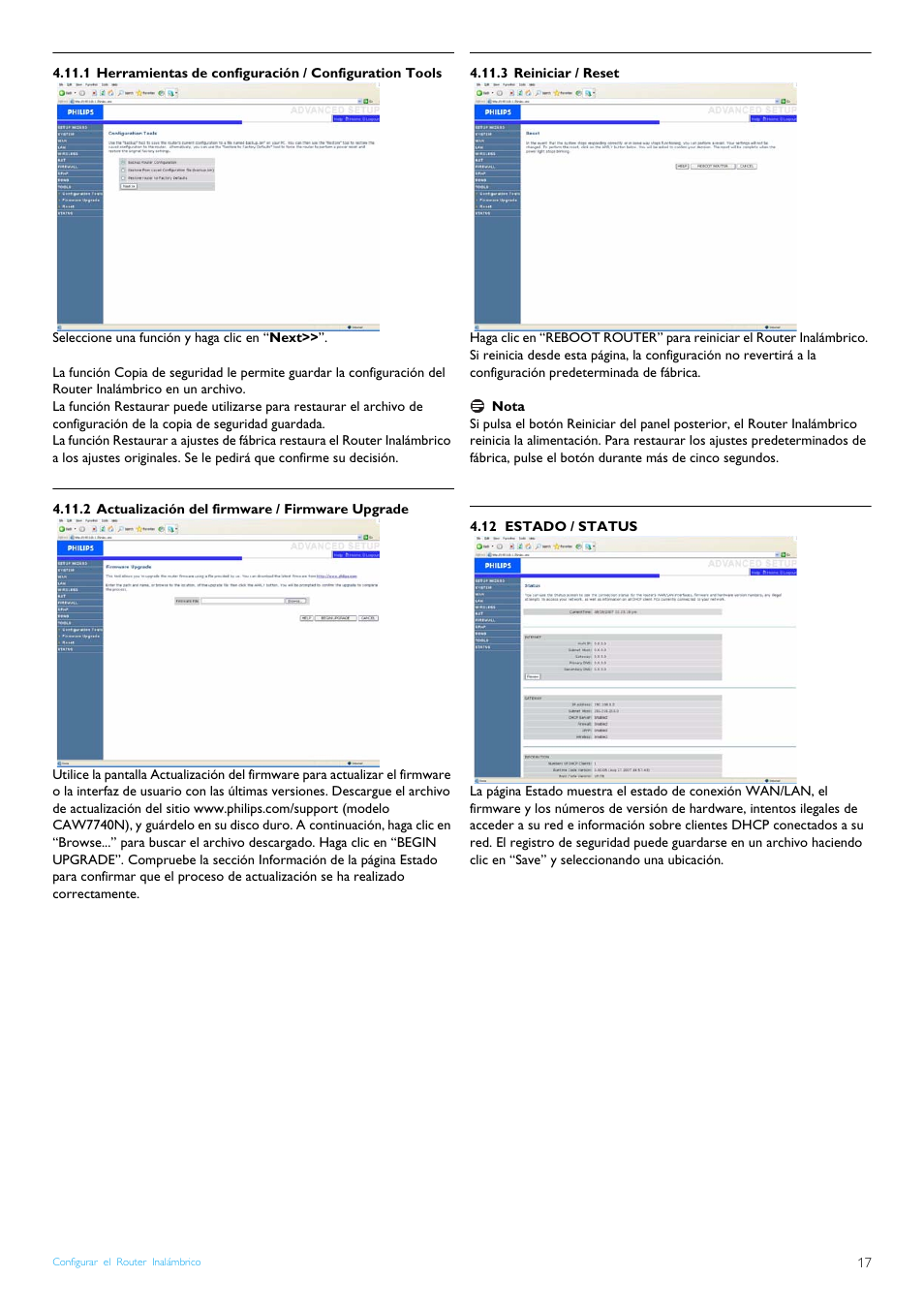 2 actualización del firmware / firmware upgrade, 3 reiniciar / reset, 12 estado / status | Actualización del firmware / firmware upgrade, Reiniciar / reset, Estado / status | Philips Router inalámbrico User Manual | Page 19 / 24