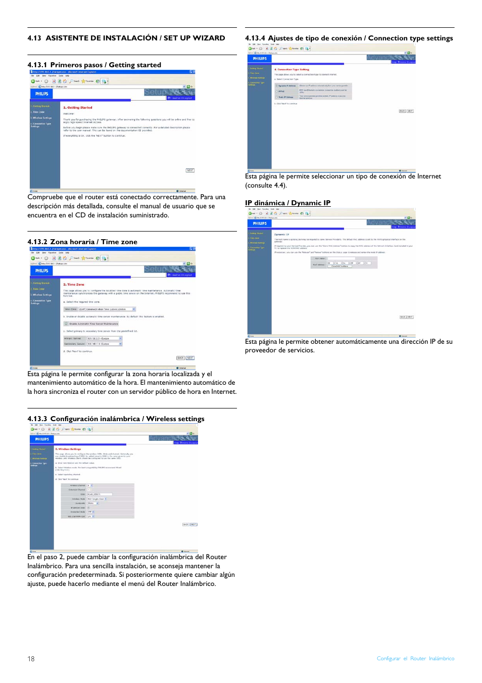 13 asistente de instalación / set up wizard, 1 primeros pasos / getting started, 2 zona horaria / time zone | 3 configuración inalámbrica / wireless settings, Ip dinámica / dynamic ip, 13 asistente de instalación / set up wizard 1, 1 primeros pasos / getting started 1, Zona horaria / time zone, Configuración inalámbrica / wireless settings | Philips Router inalámbrico User Manual | Page 20 / 24